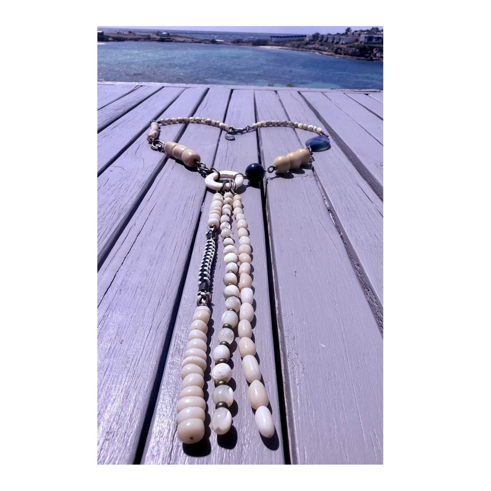 Nature Bijoux Long Beaded Tassel Necklace Agate Mother of Pearl Bone Cream Blue‎